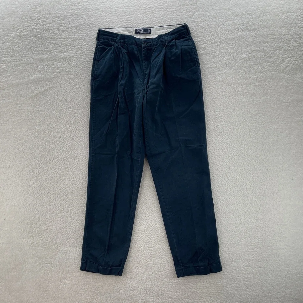 Vintage Polo Ralph Lauren Pants Mens 33x33* Blue Pleated Chino Preppy Luxury